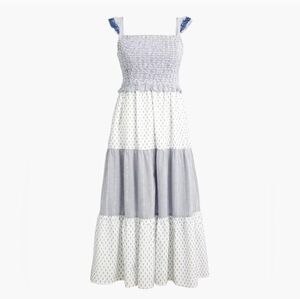 J.Crew Factory Smocked Clip-Dot Midi Tiered Lined Cotton Dress(M)
